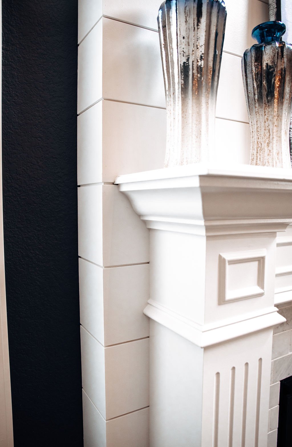 Cast-stone mantle profile detail, Blackstone family room renovation in Aurora, Colorado