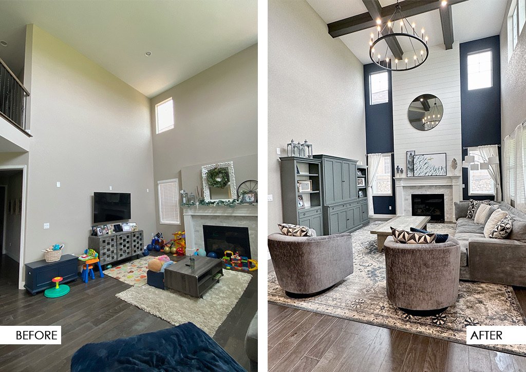 Blackstone family room with double-height shiplap fireplace and faux wood beams, before and after by E+E
