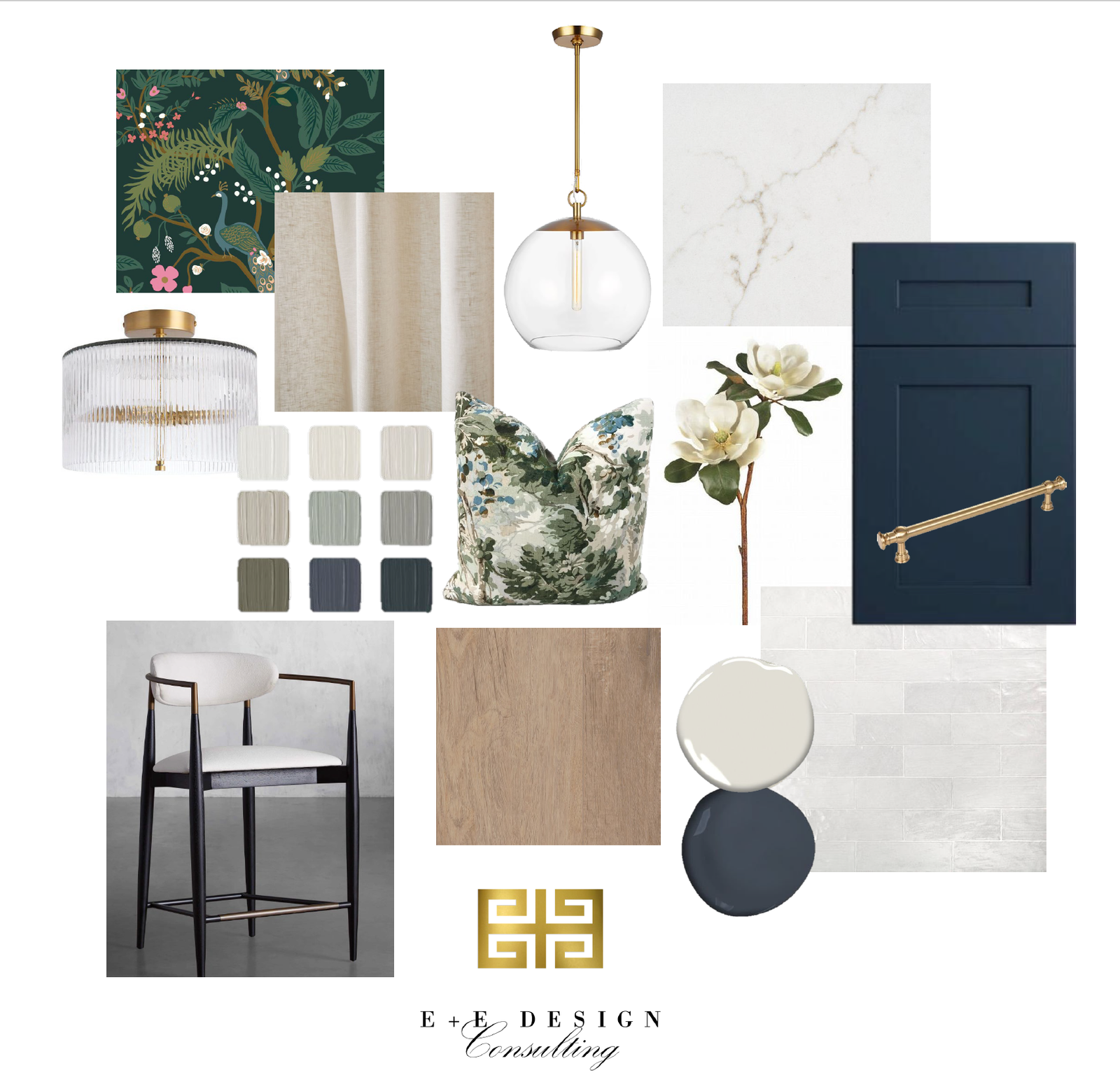 E+E Design Consulting selection board with cabinetry, stone, hardware, and lighting selections