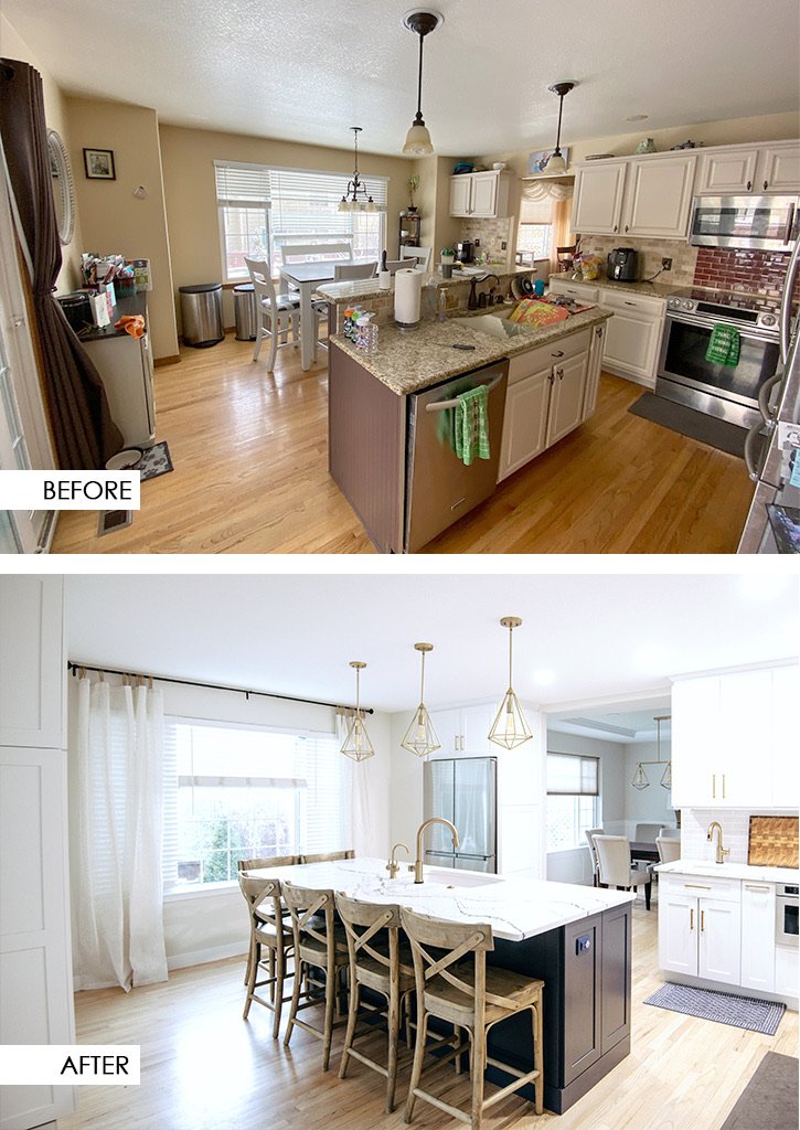 White kitchen with navy island, brass hardware, and geometric pendants after the Stonegate main floor remodel