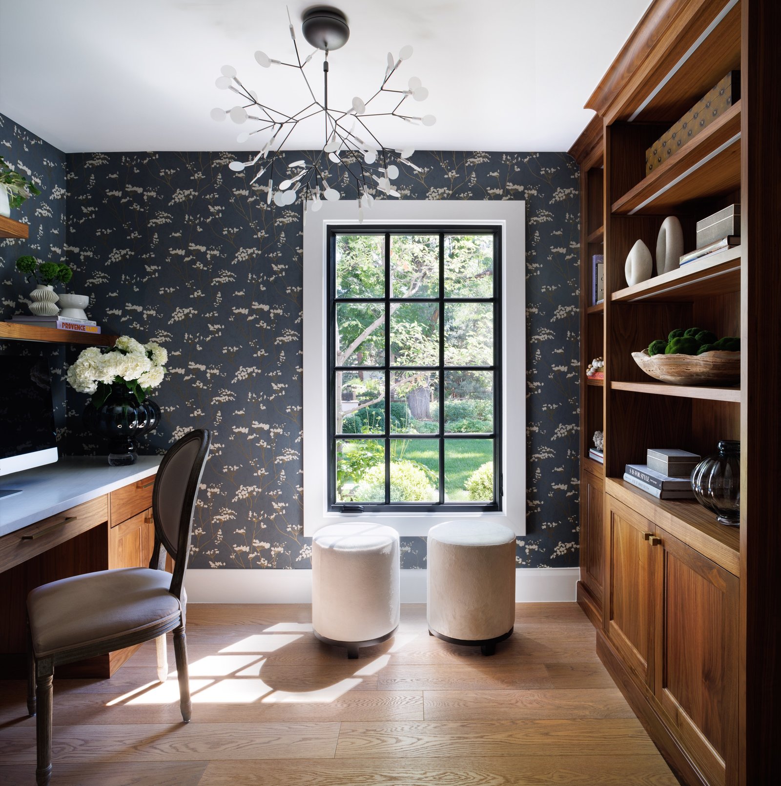 Home office with dark botanical wallpaper, walnut built-ins, and sputnik chandelier, Greenwood Village whole home renovation by E+E Design Consulting
