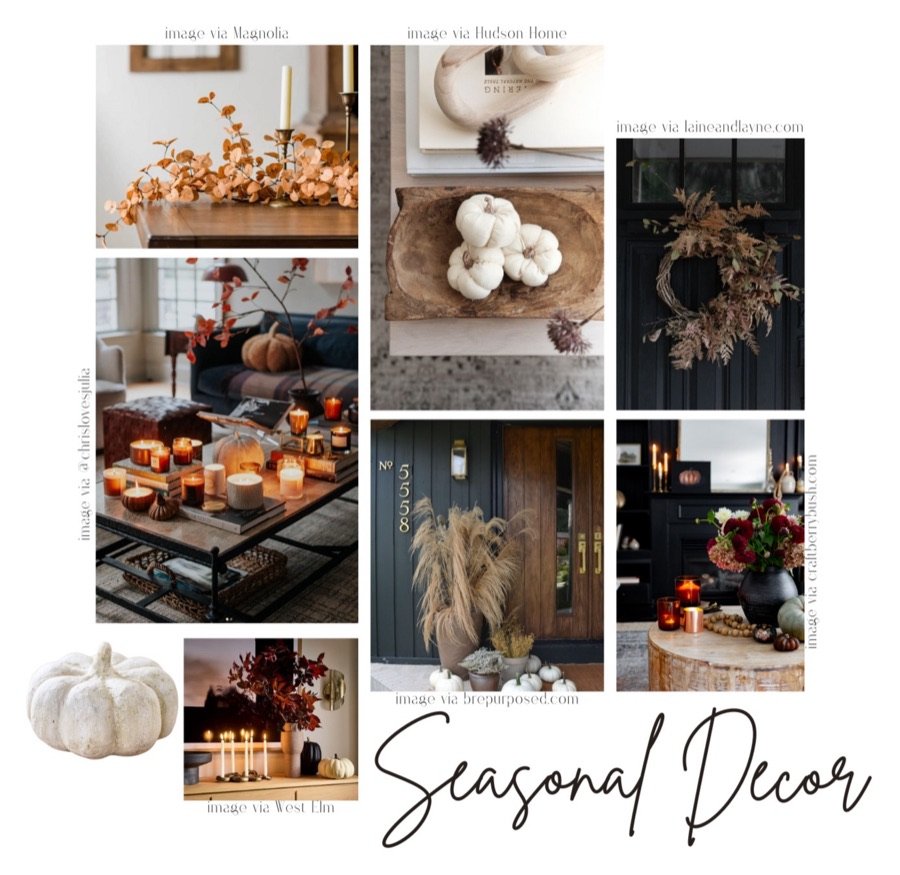 Seasonal Decor mood board, pumpkins, wreaths, and autumn table settings