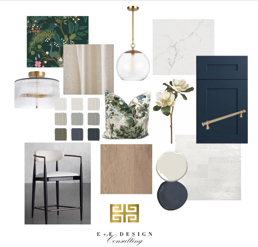 E+E Design Consulting digital selection board with cabinetry, stone, lighting, and furniture selections